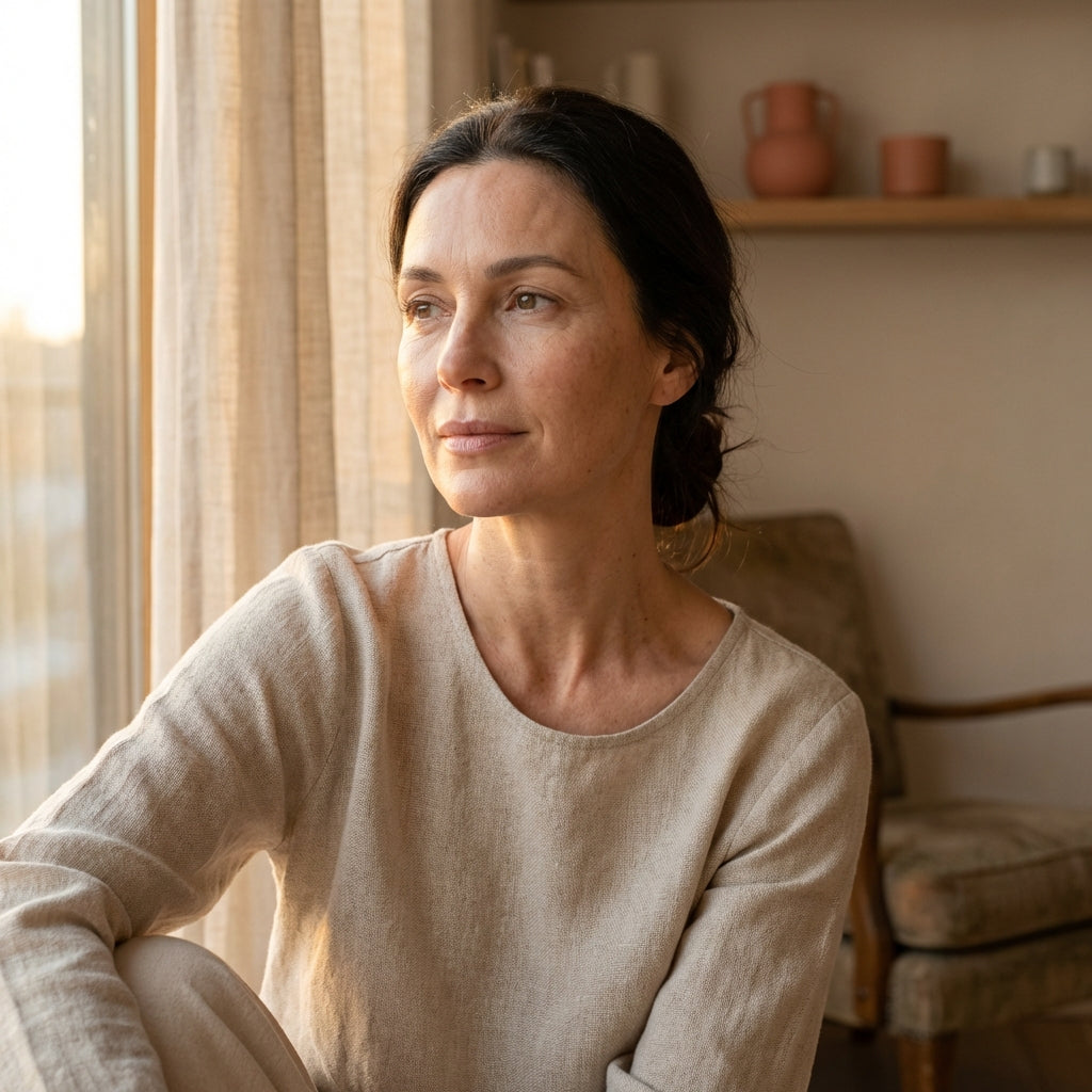 Woman in warm light, calm at-home setting
